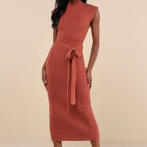 Lulus Rust Orange Cable Knit Mock Neck Midi Dress, new with tags - Size S